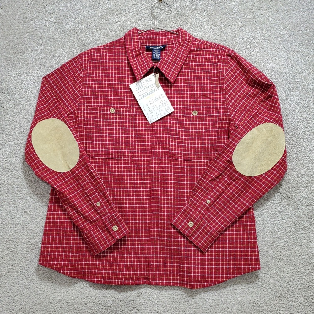Denim & Co. Flannel Shirt Men Large Red Plaid Leather Elbo Patch Zip-Up Gorpcore